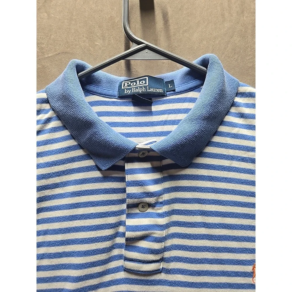 Polo Ralph Lauren Shirt Mens Size Large Blue Striped Short Sleeve Orange‎ Pony